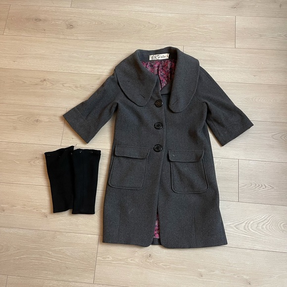 Grey Button wool blend coat with removable lower sleeves. - Picture 4 of 10